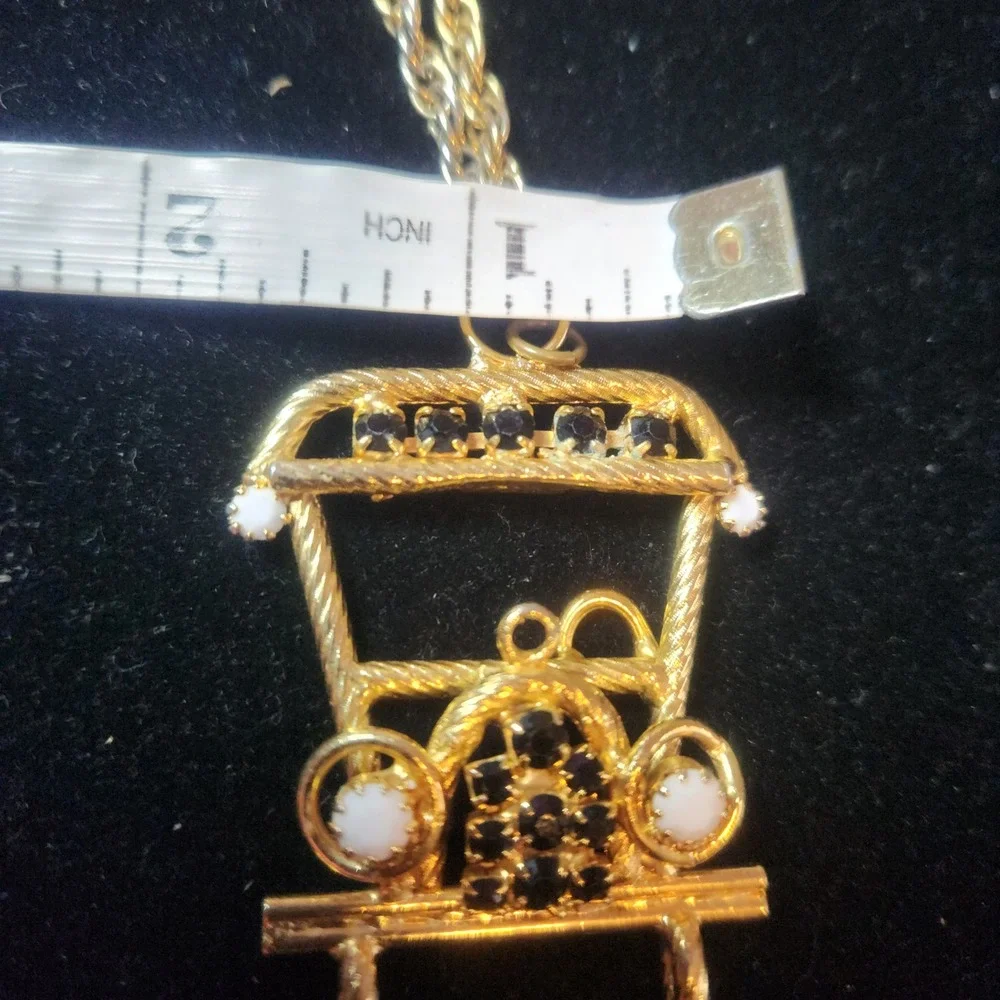Vintage Gold Tone Rickshaw Pendant Necklace Black Rhinestone White Cabochon